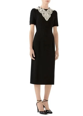 GUCCI DRESS BLACK WOOL SABLE LACE MIDI SHORT SLEEVES $2,300 sz IT 40 US 4 - Image 1 of 4