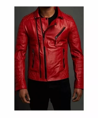 Men's Stylish Red Leather 100% Genuine Lambskin Handmade Slim Fit Biker Jacket - Image 1 of 4