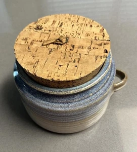 Signed Studio Pottery Jar w/ Cork Lid Handmade Blue Grey Glaze 7” W x 6” H - Picture 1 of 6