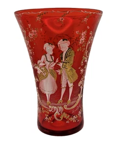 Large Bohemian (Czech) Moser/ Veroley Red Rudy Hand Painted Crystal Vase. Signed - Picture 1 of 20