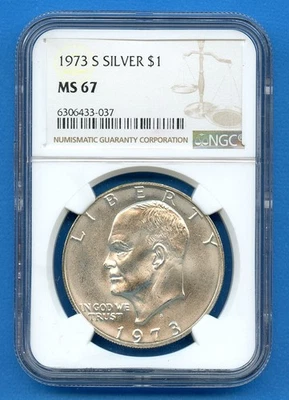 1973 S NGC MS67 Eisenhower Dollar $1 US Mint Silver 1973-S MS-67 Blast White - Image 1 of 3