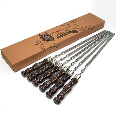 BBQ Steel Stainless 6 Skewers Set Shashlyk with Wooden Handle Mangal Sticks Keba - Image 1 of 4