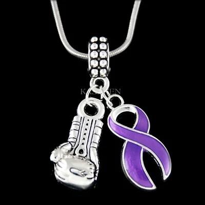 Purple Awareness Ribbon Fight Testicular Thyroid Pancreatic Alzheimer's Necklace - Image 1 of 4