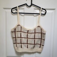 West Of Melrose Cream Tan Plaid You Came Sweater Knit Cropped Tank Top Womens L