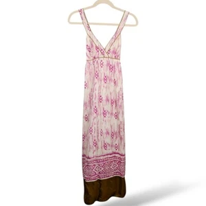 Loft Ann Taylor Silk Ikat Tribal Maxi Dress 10 Pink Cream Cross Straps Beachy - Picture 1 of 5