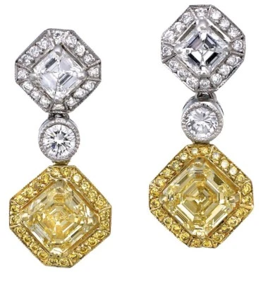 Lab-Created White & Fancy Yellow Square Emerald-Cut 8.52CT Diamonds Drop Earring - Image 1 of 4