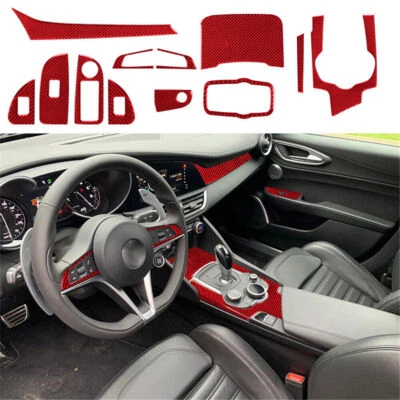 Para Alfa Romeo Giulia Stelvio Vinilo Rojo Fibra de Carbono Kit Interior Completo Cubierta Tapicería Foto 1 de 4