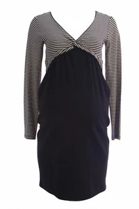 OLIAN Maternity Women's Black Ivory Stripes Knot Front A-Line Dress $130 NWT - Picture 1 of 2