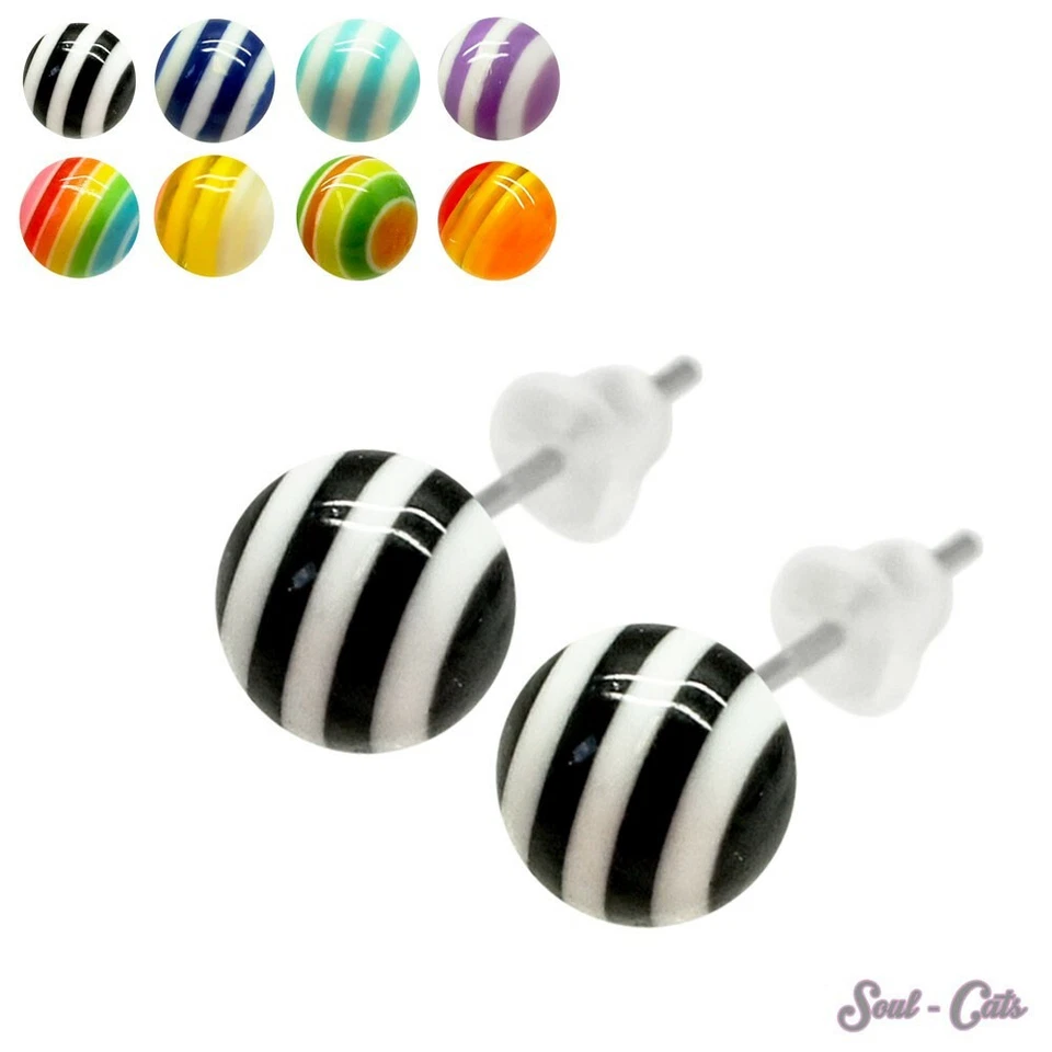 Zwei süsse Ohrstecker in Kugelform Kugel Kringel Streifen regenbogen schwarz - Bild 1 von 1