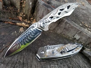 NEW Silver Frame Lock Skull Thumb Stud Pocket Knife Tip Up Carry EDC 5.1 oz - Picture 1 of 22