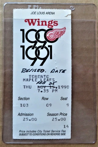 Red Wings Steve Yzerman 1991  ticket stub Feb 25, 1991  - Goal scored JLA Cover