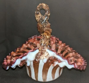 Antique Victorian Stripe Swirl Pink Ruffle Glass Brides Basket Bowl-Thorn Handle - Picture 1 of 6