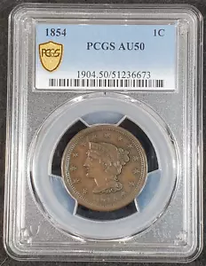 1854 PCGS AU50 Braided Hair Large Cent 1904.50/51236673 Exquisite Coin Rare - Picture 1 of 8