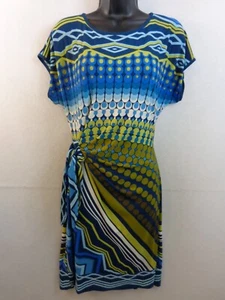 Donna Morgan Dress Women's 10 Blue Yellow Sleeveless Faux Wrap Geometric - Picture 1 of 11