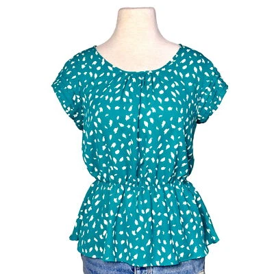 Blusa Lily Blanco Teal Blanco Manchado Plisado Manga Gorra Cintura Elástica Talla M Foto 1 de 4