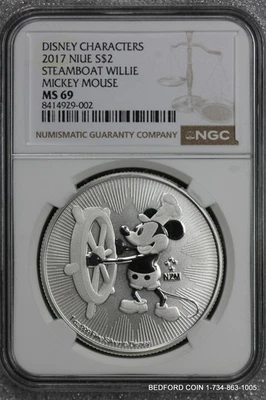 NGC MS69 2017 $2 NIUE  1 oz .999 SILVER DISNEY MICKEY MOUSE STEAMBOAT WILLIE (2) - Image 1 of 2