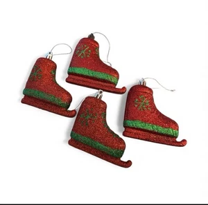 (4er Set) Schlittschuhe Christbaumschmuck rot und grün Glitzer Schneeflocke - Bild 1 von 4