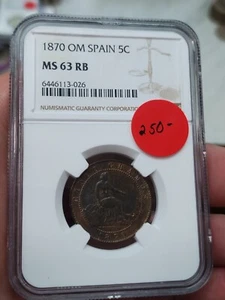 Spain 1870 5 Centimos NGC MS63 - Picture 1 of 3