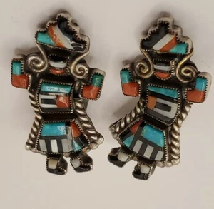 Native American Zuni Sterling Silver Spirit Dancer Inlay Earrings GB Natachu - Picture 1 of 8