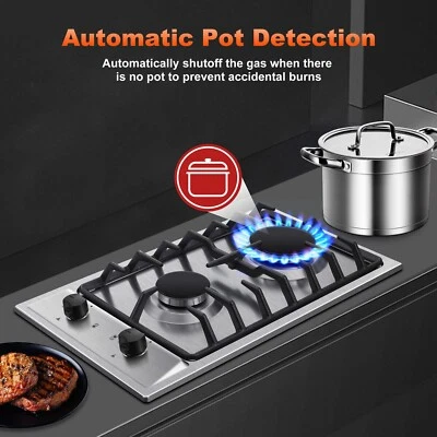 AMZGACHFKTCH 12in Eascookchef Gas Cooktop 2 Burners NG/LPG Stainless Steel Drop-in Gas Hob NE