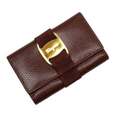 Auth Salvatore Ferragamo Vala Key Case Brown/Gold Embossed Leather/metal w0117a