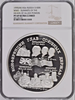 1995 Russia Silver kilo 100R coin WWII SUMMITS HEADS OF ALLIED POWERS NGC PF69 - Image 1 of 2