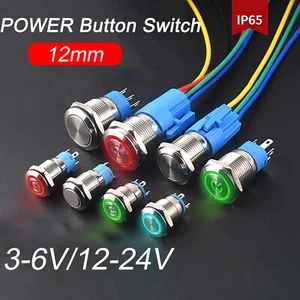Ø 12mm SmartSwitch 3-6V / 12-24V / 5A IP65 LED Illuminated POWER Button Switch - Picture 1 of 43