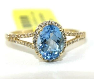 Oval Blue Topaz & Diamond Solitaire Bridge Lady's Ring 14k Yellow Gold 1.69Ct - Picture 1 of 7