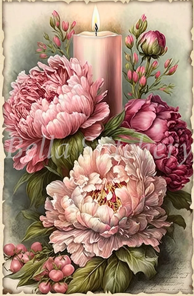 Bloque de tela de algodón de costura artesanal vintage Shabby Chic rosa peonías collage #6 Foto 1 de 1