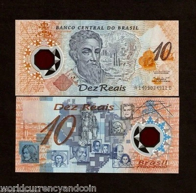 BRAZIL 10 RIELS P-248 b 2000 RARE Pedro Alvares Cabral COMMEMORATIVE POLYMER UNC - Image 1 of 3