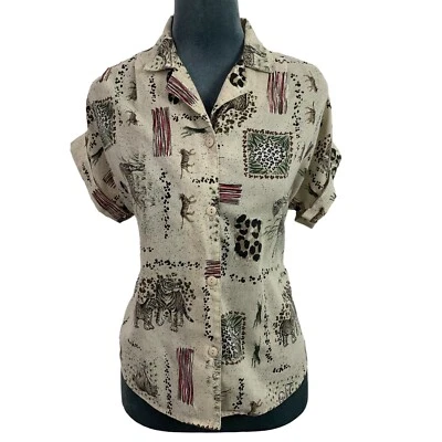 Camisa Vintage Anos 90 Cabin Creek Petite Feminina Pequena Tigre Marfim Botão Frontal EUA - Imagem 1 de 4