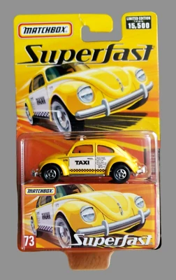 2005 Matchbox Superfast VOLKSWAGEN BEETLE VW Yellow Taxi #73 1:64 Chrome 5 Spoke - Image 1 of 4