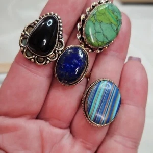 Women's Lot of 4 Natural Stone Rings Sterling Silver Plated Rings Boho Bohemian - Picture 1 of 6
