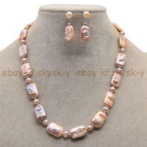 11-18mm Natural Pink Purple Rectangle Pearl Necklace Stud Earrings Jewelry Set - Picture 1 of 19