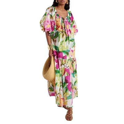FARM Rio Women's Maxi Dress Floral Painted Puff Sleeve Bohemian White Pink Large - Image 1 of 4