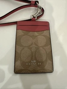 Coach Lanyard Signature ID Badge Card Case Khaki Pink Ruby - Picture 1 of 7
