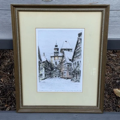 Grabado Paul Geissler “Rothenburg o.T.” coloreado a mano, enmarcado 14x17 Foto 1 de 4
