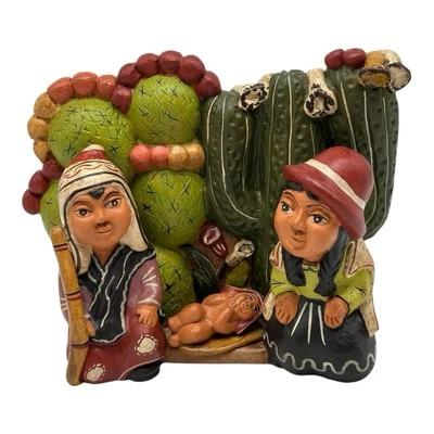Presépio de arte popular peruana vintage~argila de terracota~peru feito à mão~cacto - Imagem 1 de 4