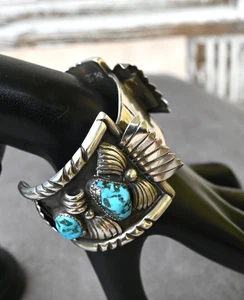 BIG 135 grams! Men's signed  Navajo Sterling & Morenci Turquoise 7 1/4" wearable - Picture 1 of 12