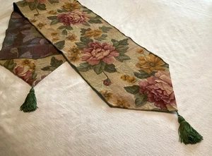 Tapestry Floral Table Runner Sage Green Tassels Flowers Red,Pink,Yellow 70" Long - Picture 1 of 5