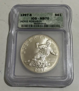 JACKIE ROBINSON BROOKLYN DODGERS 1997-S ICG MS70 SILVER DOLLAR $1 - Picture 1 of 3