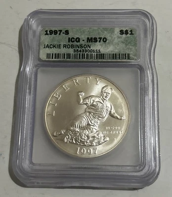 JACKIE ROBINSON BROOKLYN DODGERS 1997-S ICG MS70 SILVER DOLLAR $1 - Image 1 of 3