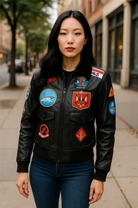 Women's Black Top Gun Tom Cruise Sheepskin Collar A2 Bomber Leather Jacket - Picture 1 of 8