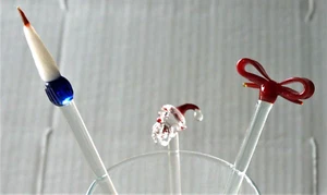 3 hand made Christmas glass swizzle stir sticks, Santa, candle and a red ribbon - Picture 1 of 3