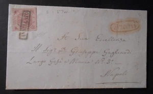 ITALIA ,ITALY 1858 NAPOLI STEMMA 2 Sicilie 2gr. rosa I° Tav lettera TRANI  BPP - Imagen 1 de 3