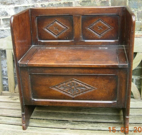 Antique English Monk's bench wooden seat box carved design Cover