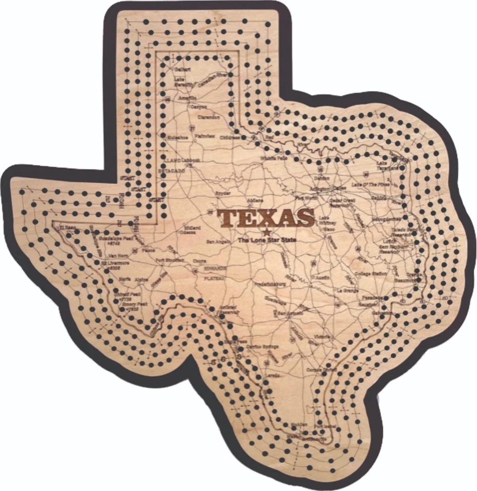 Texas State Shaped Road Map Cribbage Board Four Track - Image 1 of 1