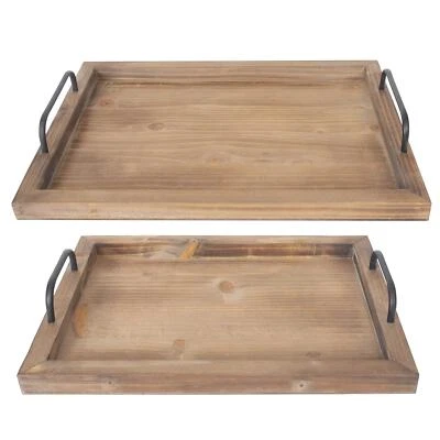 Rustic Vintage Food Serving Trays Set of 2 Nesting Wooden Board Metal Handles - Image 1 of 4