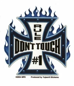 3" MINI - RULE #1 Don't TOUCH Flaming Iron Cross Sticker Car Alarm Window Decal - Bild 1 von 1