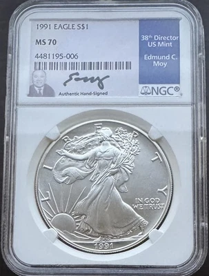 1991 American Silver Eagle $1 NGC MS70 RARE Edmund Moy Signed Label - LOW POP - Image 1 of 4